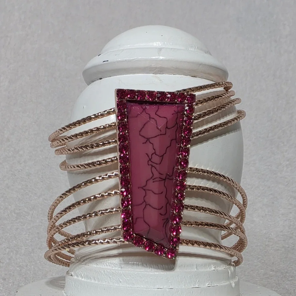 Rose Gold Tone Multi Strand Cuff Bangle Bracelet Pink Stone Rhinestone‎ Accent